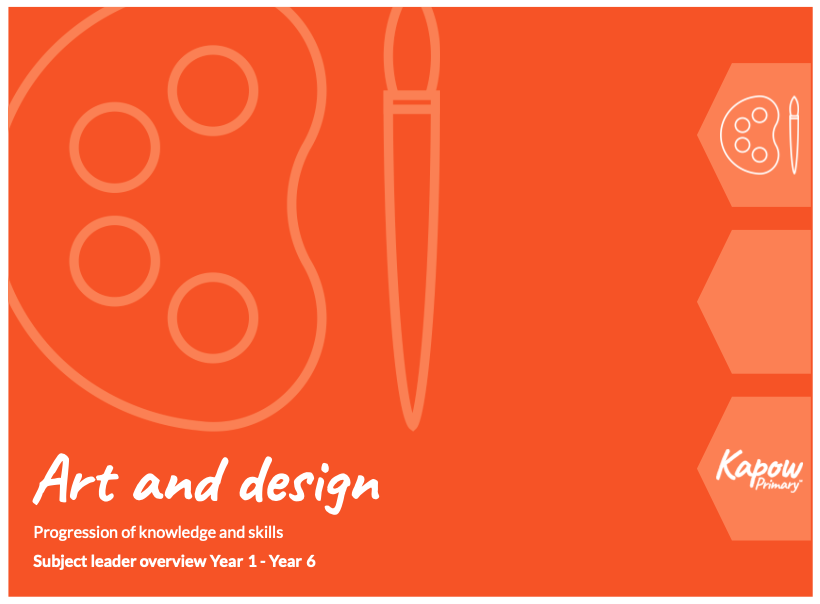 The front cover thumbnail image of the Art and design progression of knowledge and skills document featuring a paintbrush and palette symbol on an orange background.