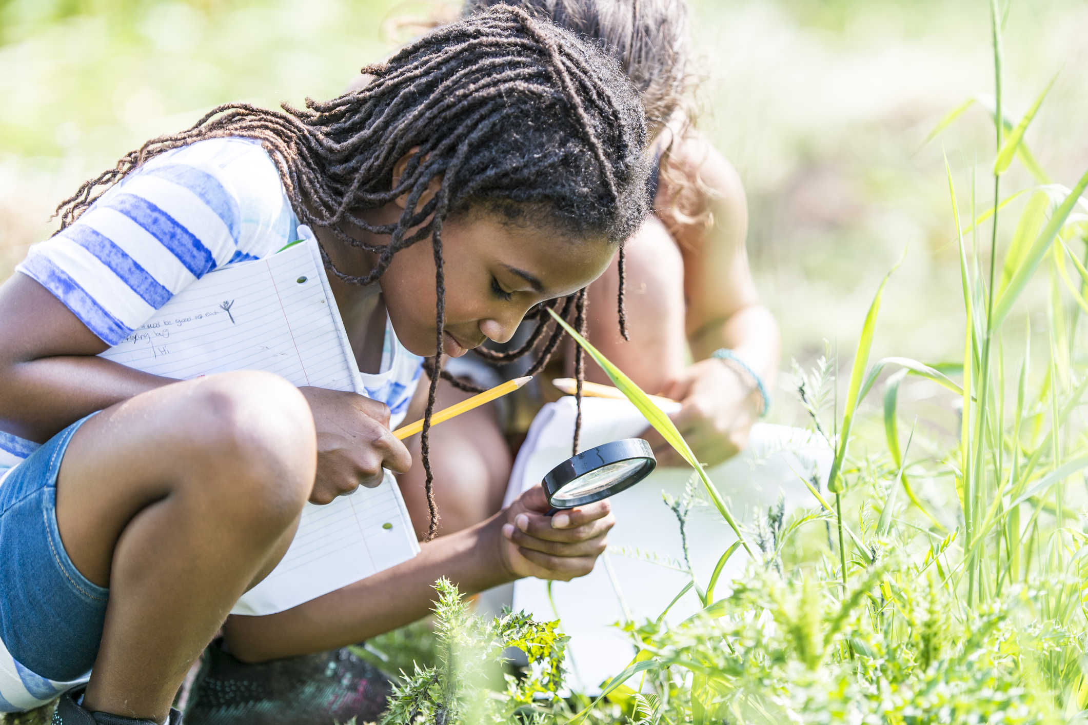 children using magnifying glass to look in grass