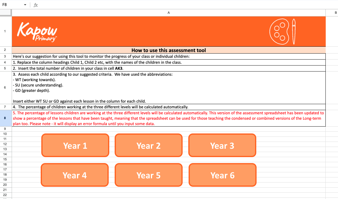 The first page of the Art and design assessment spreadsheet, used to record teacher assessments for each lesson, helping to keep track of pupils' progress and analyse any gaps in learning.