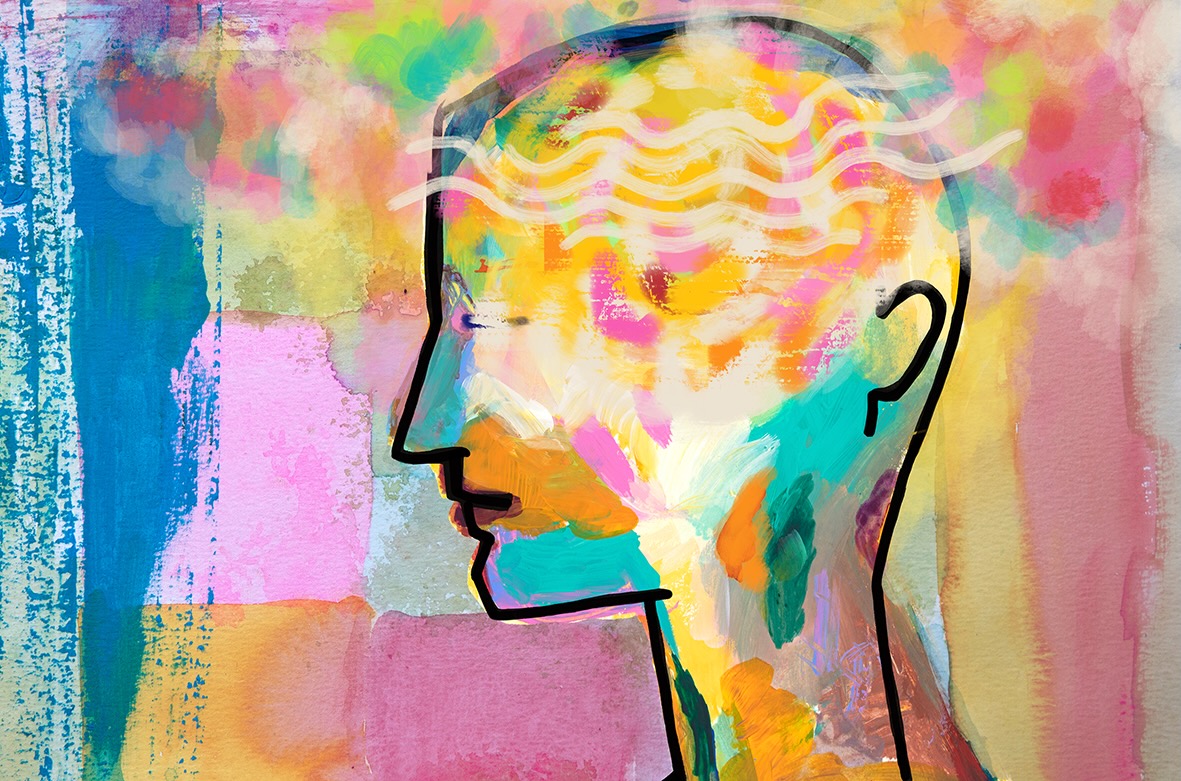 Colourful abstract painting depicting the side profile of a human head with creative energy.