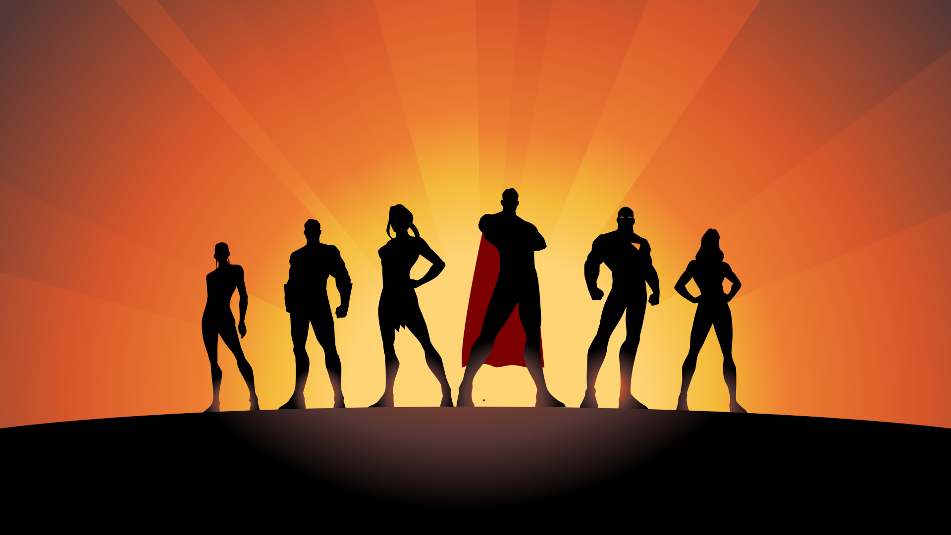 Silhouettes of six superheroes standing confidently against a vibrant orange and yellow background.