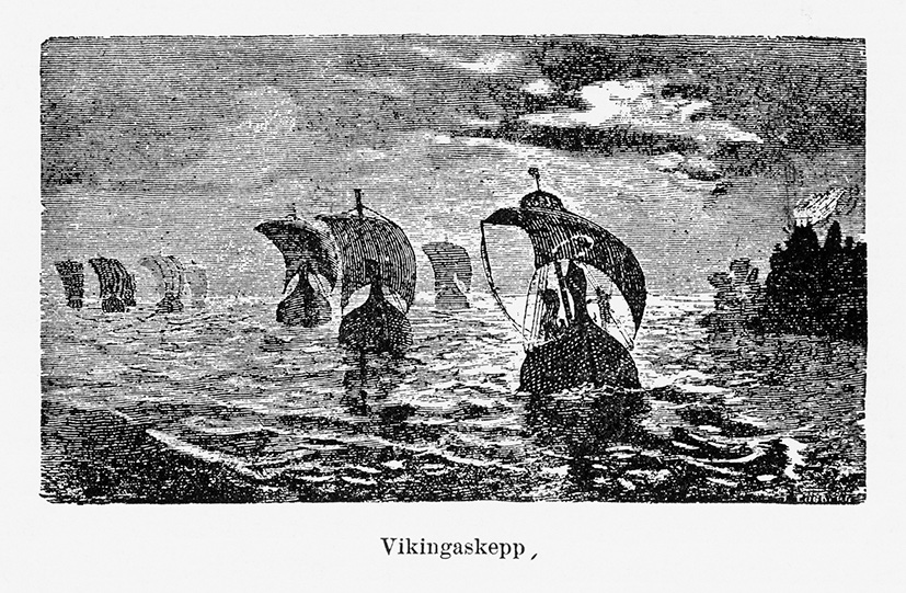A black and white illustration of Viking ships sailing across the sea.