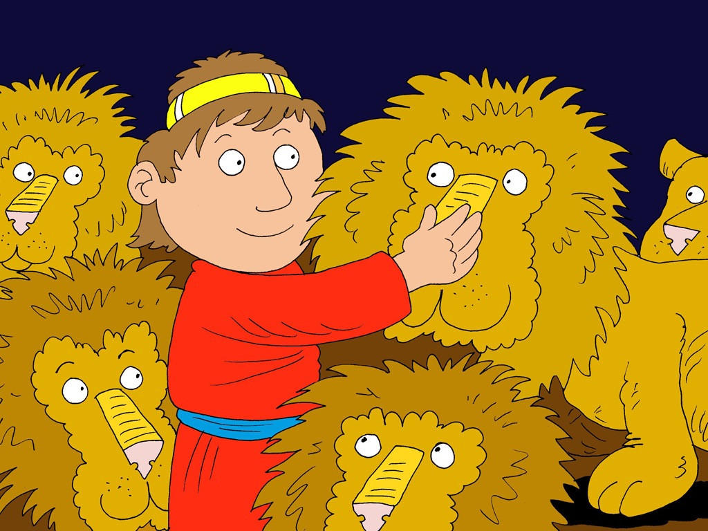 Cartoon-style illustration of Daniel in the lions’ den, calmly touching a lion’s nose while surrounded by lions.