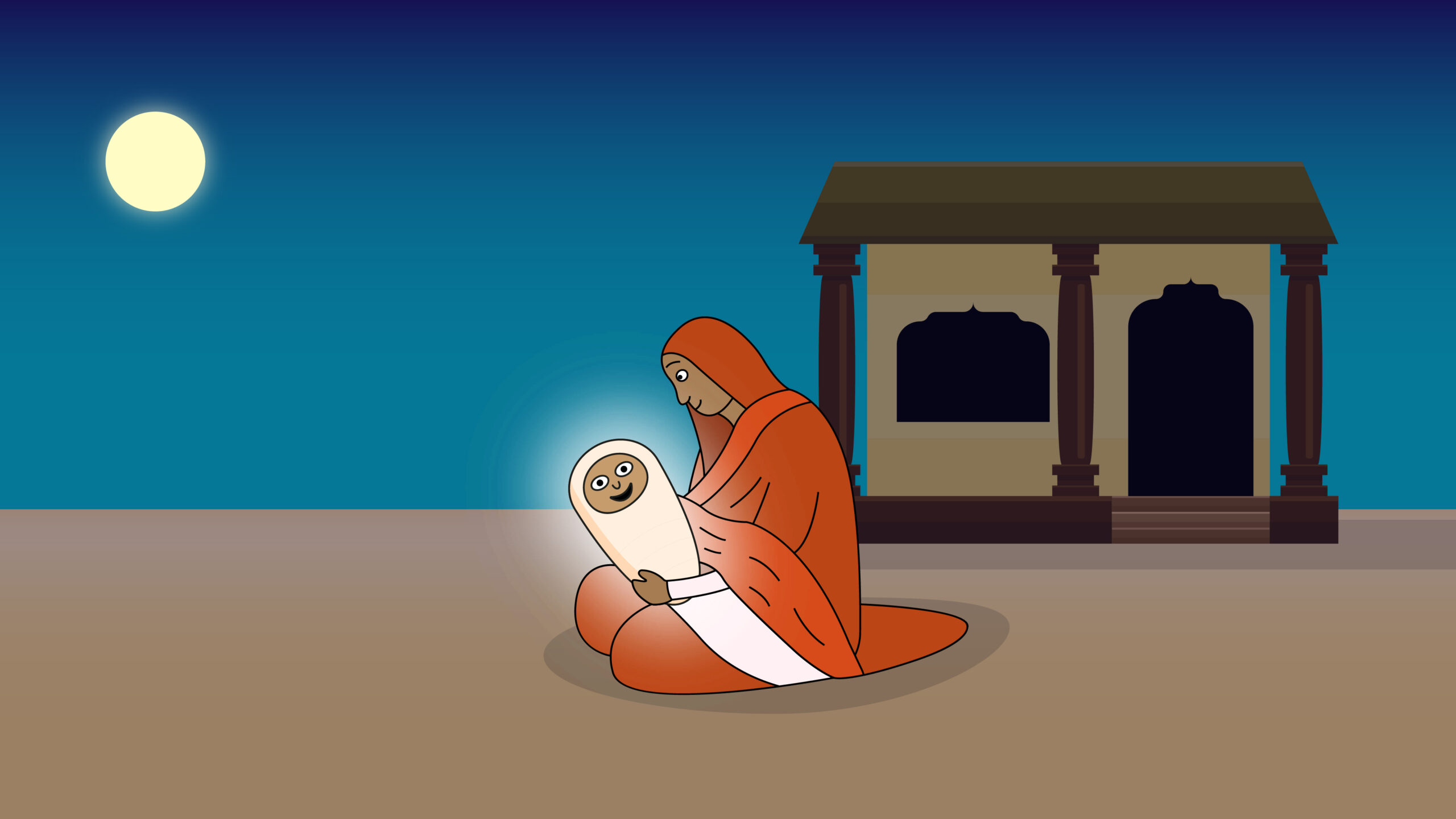 Illustration of baby Guru Nanak glowing in his mother’s arms at night with a simple building in the background.