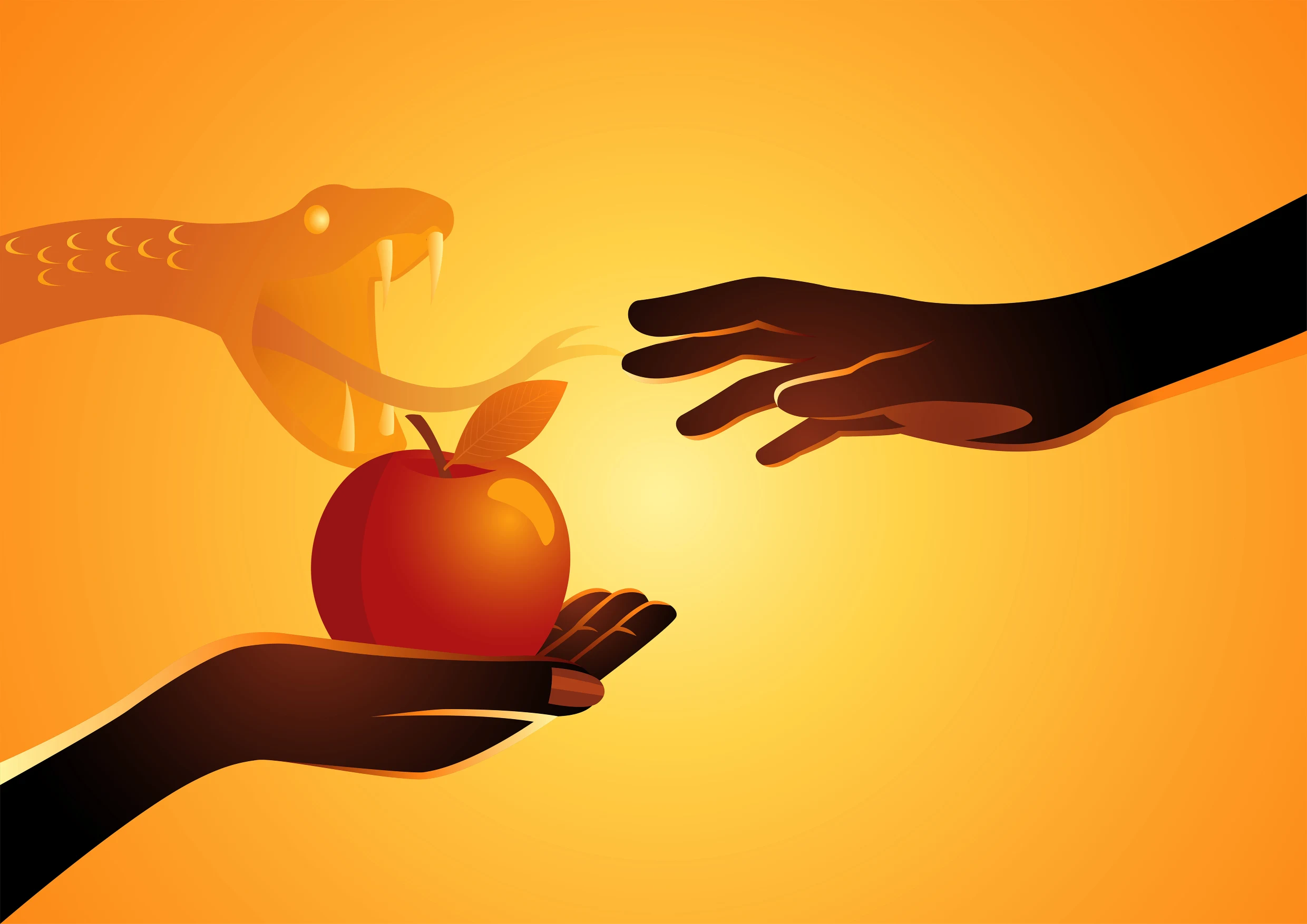 A hand reaches for an apple, with a snake lurking in the background