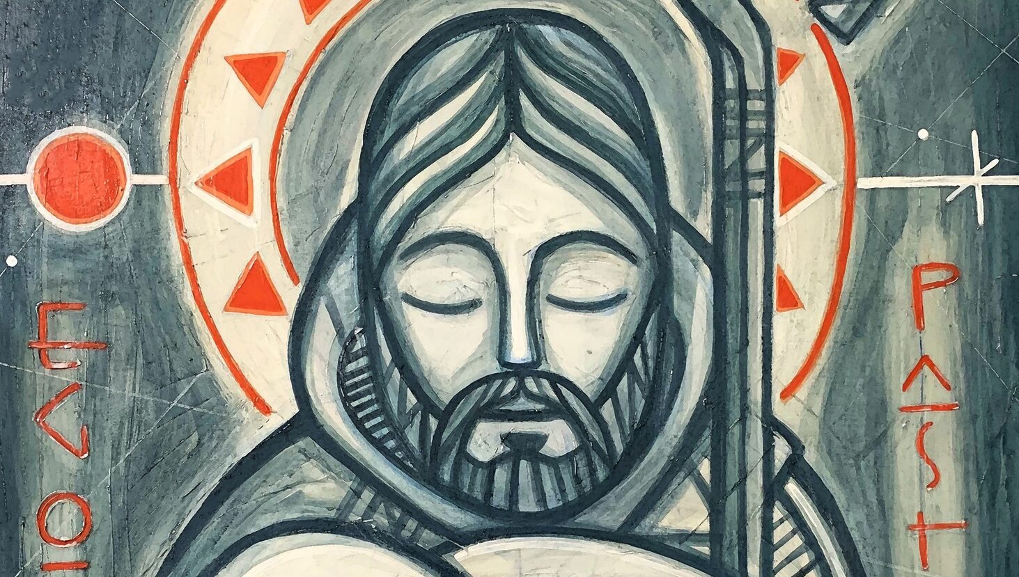 Stylised image of Jesus holding a lamb, eyes closed in peace.