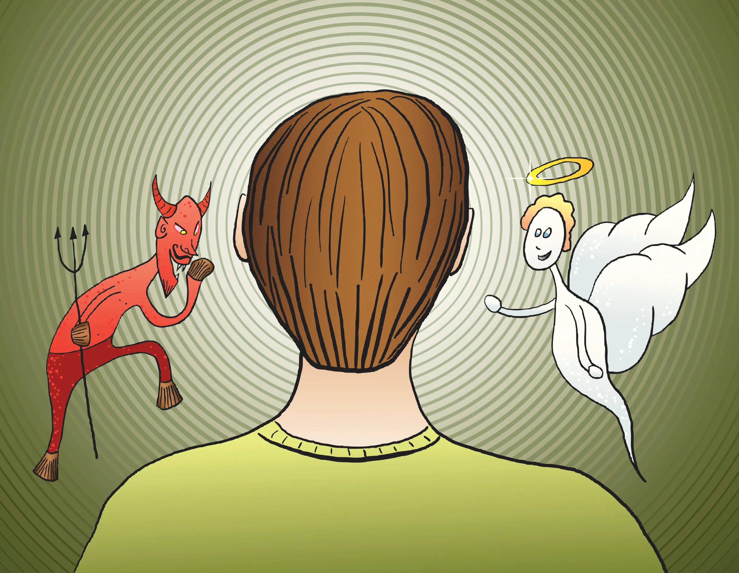 A person seen from behind with a cartoon devil on one side and an angel on the other.