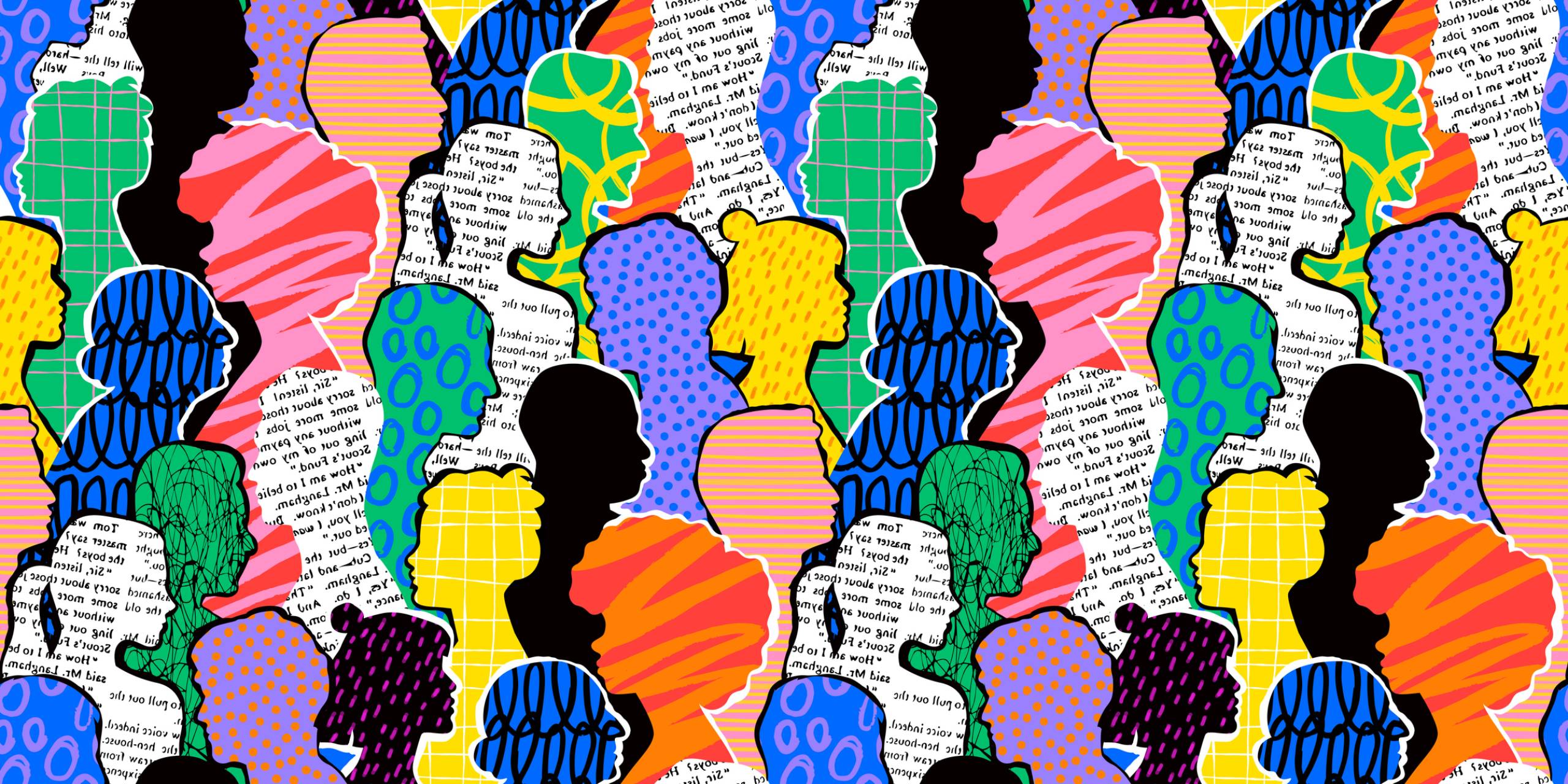 Lots of silhouettes facing different directions, which have different colourful patterns and designs in them