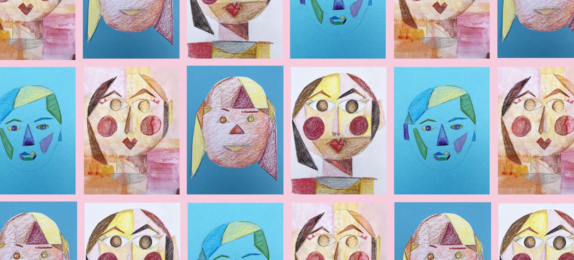 A collection of abstract self-portraits inspired by Cubism using bright colours and geometric shapes.