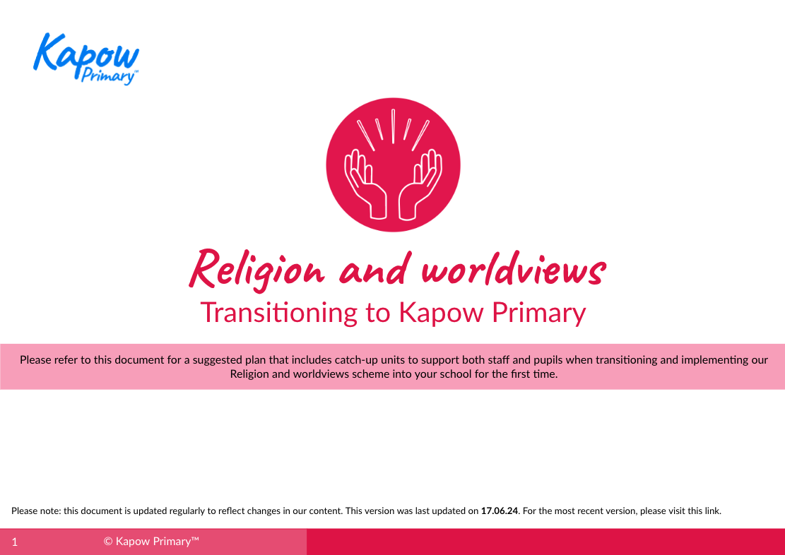 The front cover of Transitioning to Kapow R&W - a document giving guidance on how to implement Kapow R&W in the first year using the scheme in school.