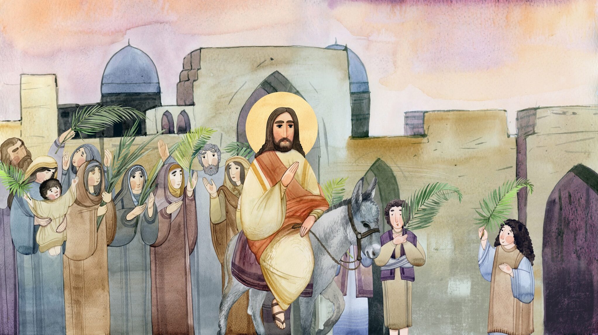 Painting of Jesus riding a donkey into a city, greeted by people holding palm branches.