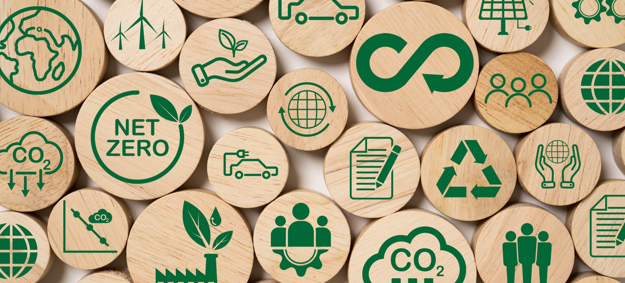 A selection of wooden circles with green environmental and sustainability logos painted on in green.