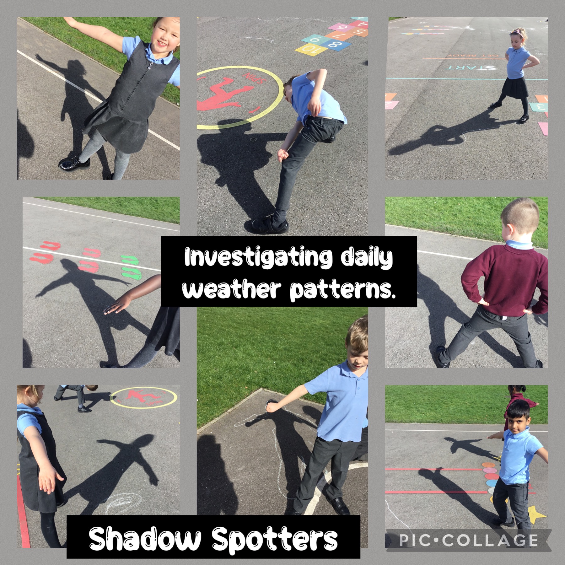 children from St Stephen CE Primary carrying out a weather investigation by measuring their shadow on a sunny day