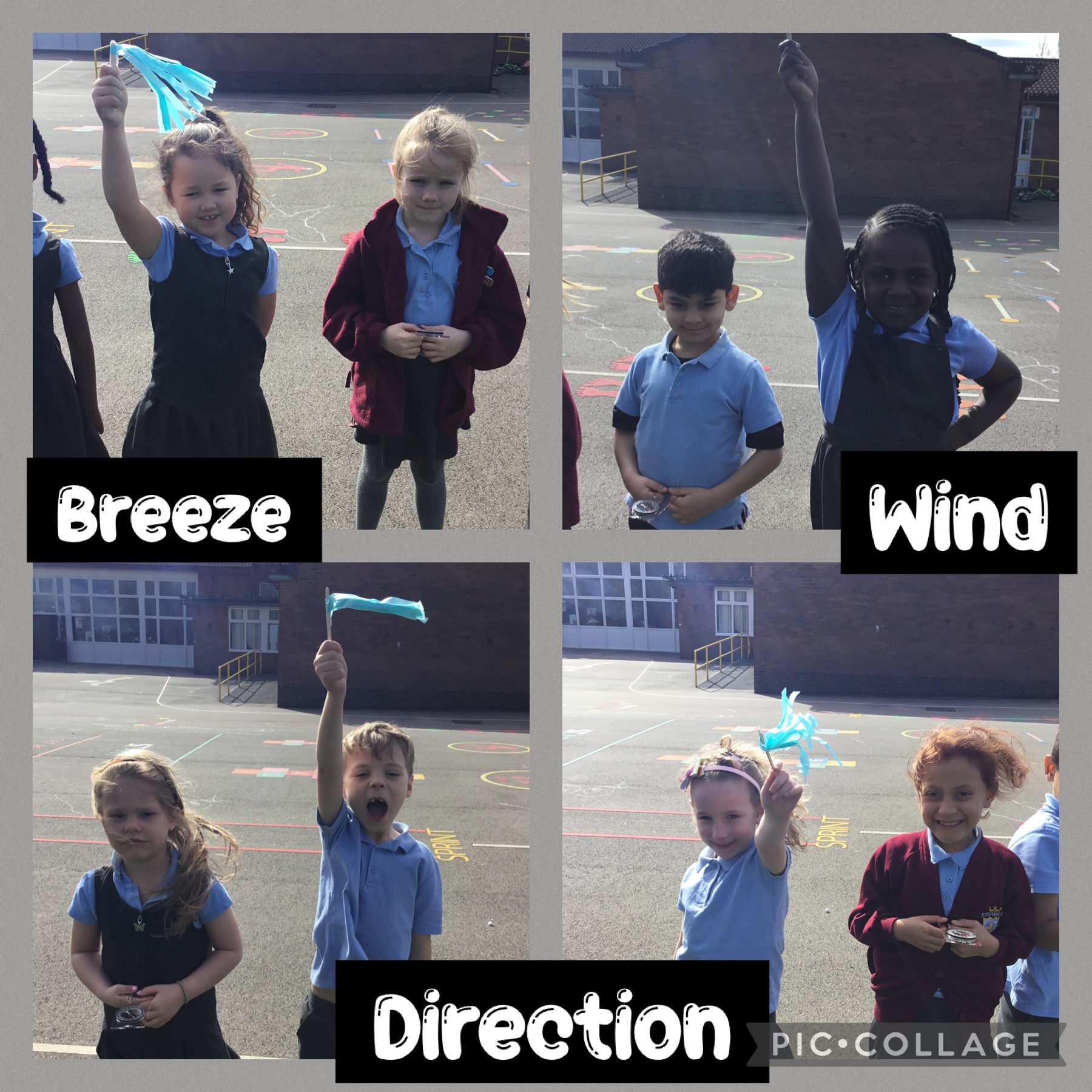 children from St Stephen CE Primary carrying out a weather investigation on a windy day