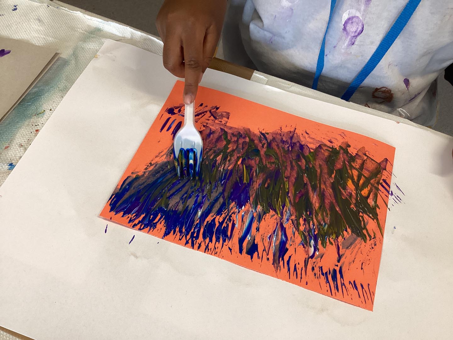 Creating textured paper for collage using paints and a fork