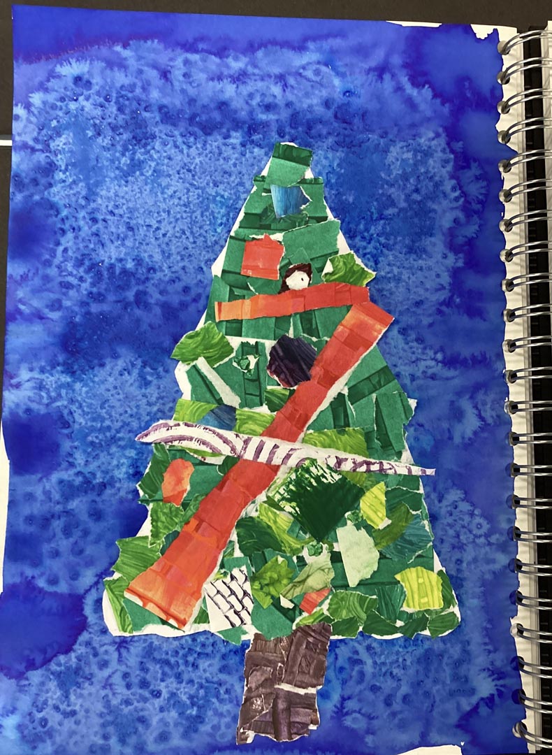 Christmas tree collage on a blue painted background