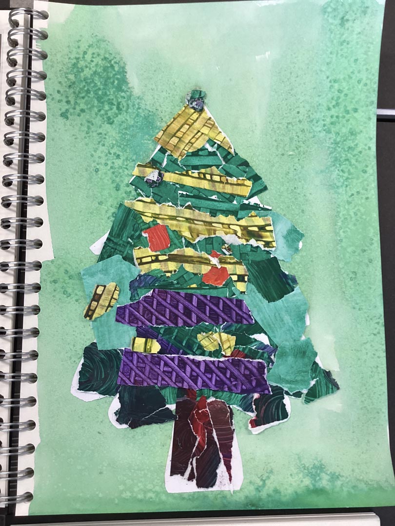 Christmas tree collage on a light green painted background